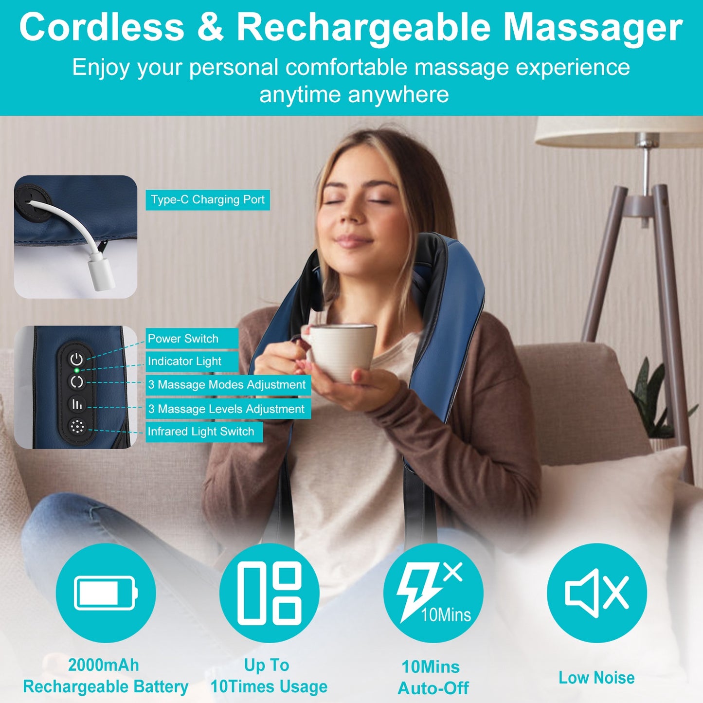 Shiatsu Neck & Shoulder Massager Pillow with Heat – Electric Deep Tissue Pain Relief